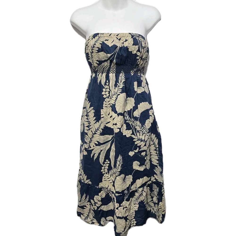 Roxy Women's Vintage Y2K Strapless Midi Dress Floral Print Navy Tan Size Medium